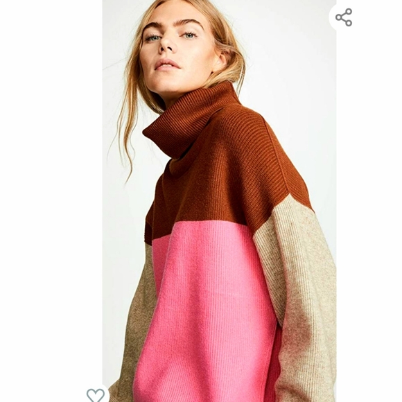 Free People Color Block Turtleneck Sweater in Pink Brown Tan - Picture 4 of 10